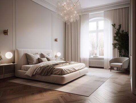 Modern bedroom, elegant and luxury style, bed, ceiling lamp. Generative ai