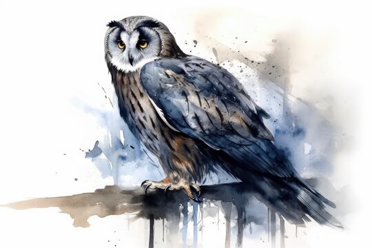an owl perched on a tree branch, created with watercolors. Generative AI