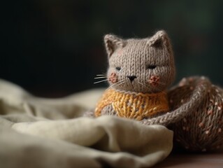 Cute knitted cat doll wearing yellow sweater. Generative ai