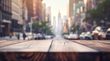 Wood table mockup with New York city street in shallow depth of field. Copy space for product. Generative AI