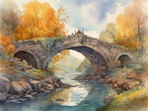 Stone bridge in water color painting style. Generative ai