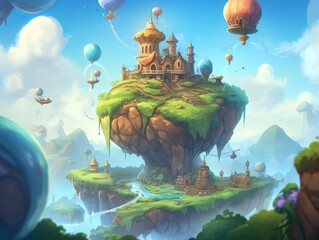 Fantasy island landcape with many hot air balloons, epic castle, Fantasy adventure art wallpaper. Generative ai