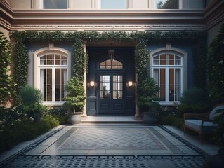 Entrance to the house, elegant black door, modern style. Generative ai