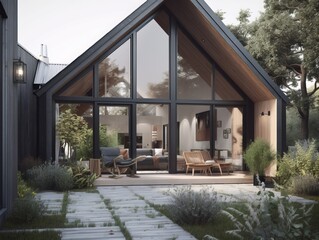 House with glass window iwth beautiful terrace. Generative ai