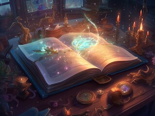 Magical book with lights come out from it, fantasy wallpaper. Generative ai