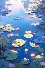 Fototapeta na wymiar Water lily on a lake with some clouds reflection. Generative ai, anime style