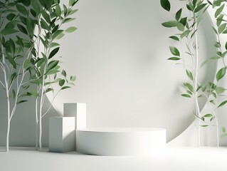Empty room with plant and white poduim, suitable for product placement. Generative ai