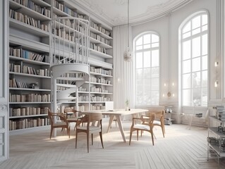Interior of a library with table and chairs, elegant white color tone. Generative ai