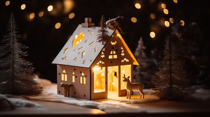 Christmas house miniature in the night with deer, bokeh lights background. Generative ai