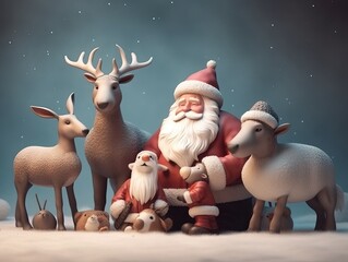 Fototapeta premium Santa claus and reindeer on a snow . Generative ai