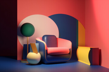 design sofa home memphis interior art colourful geometric living armchair room. Generative AI.