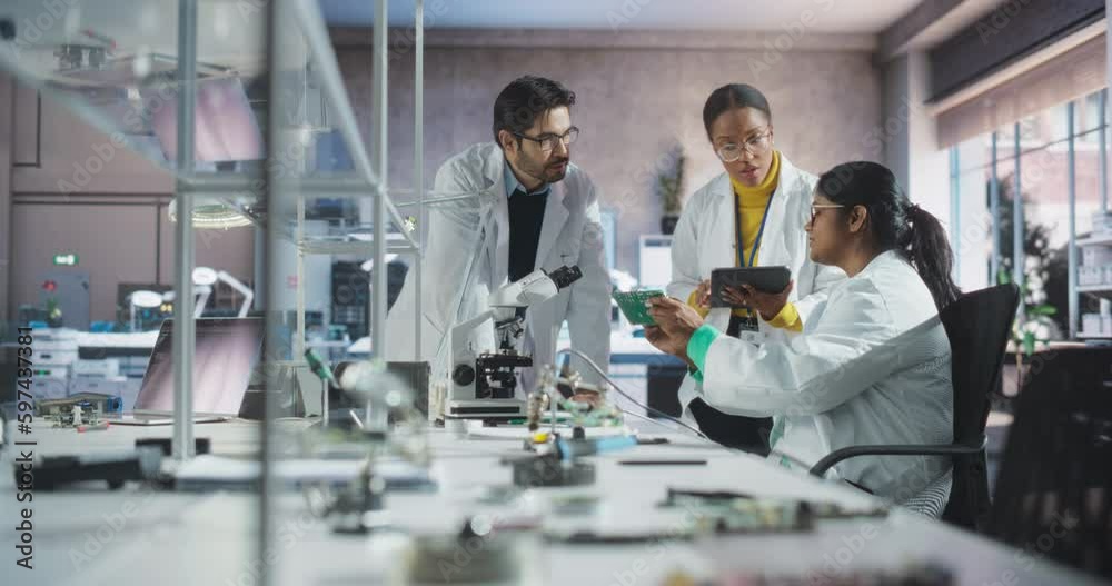 Poster female and male students wearing glasses and white coats working together in science class, collabor