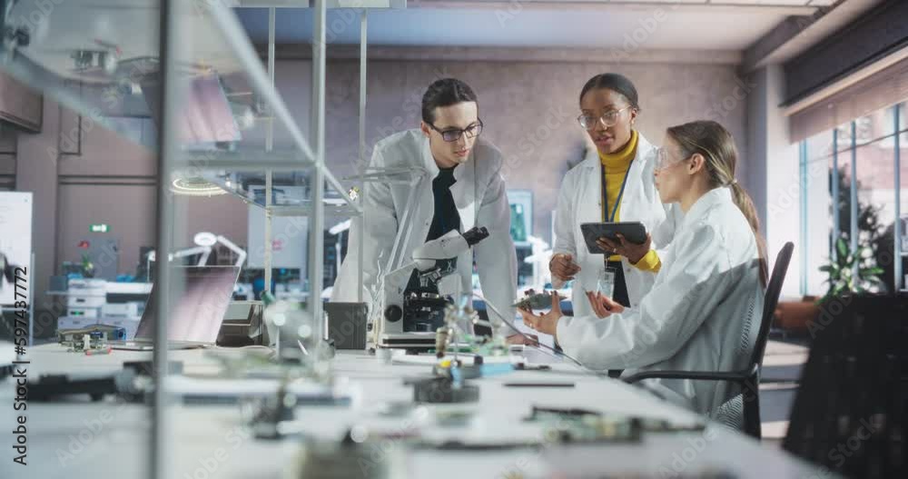 Aufkleber three diverse young professionals having a conversation in a lab, inspecting a computer motherboard 