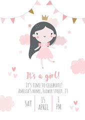 Baby shower invitation template for a girl. It's a girl. Vector illustration of a cute little princess girl. Birthday. Cute baby illustration. Kids card.