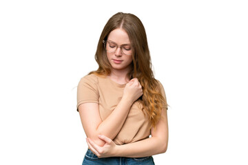 Young pretty woman over isolated background with pain in elbow