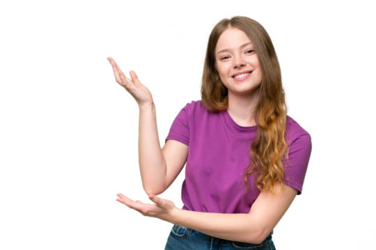 Young pretty woman over isolated background extending hands to the side for inviting to come