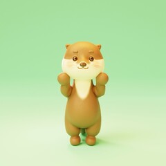 Brown otter smiling cute pose, animal character in cartoon style. 3d render