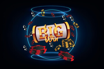 Online casino, banner with podium, casino slot machine, Casino Roulette and poker chips in dark scene with neon hologram of digital rings.