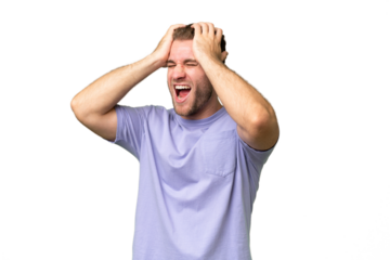 Young handsome caucasian man isolated on green chroma background stressed overwhelmed