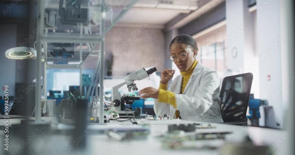 Poster Young African Science Student Conducting Electronics Experiment in a University Workshop. Diverse Black Scholar Using Microscope, Working on Connecting and Testing a Circuit Board in a Laboratory