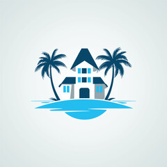 Beach house with palm trees logo design template. Vector illustration.