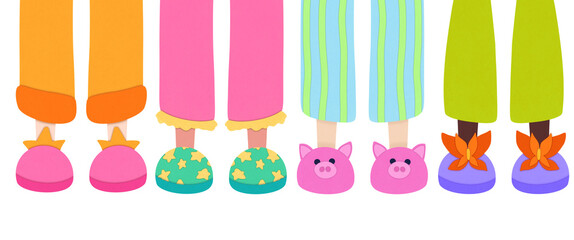 Pajama party. Legs in funny fluffy comfort slippers on transparent background. slumber cut paper style for kids. invitation to birthday celebration in comfortable shoes, clothes. Good night