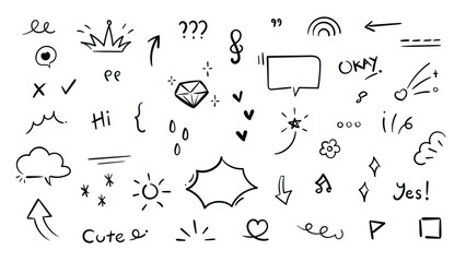 Set of cute pen line doodle element vector. Hand drawn doodle style collection of heart, arrows, scribble, speech bubble, flower, stars, words. Design for print, cartoon, card, decoration, sticker.