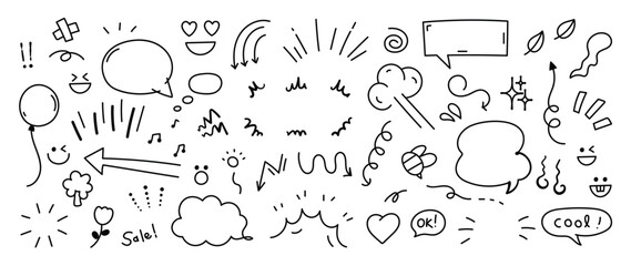 Set of cute pen line doodle element vector. Hand drawn doodle style collection of heart, arrows, scribble, speech bubble, star, balloon, words. Design for print, cartoon, card, decoration, sticker.