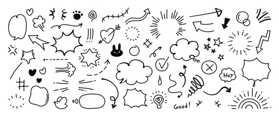 Fototapeta na wymiar Set of cute pen line doodle element vector. Hand drawn doodle style collection of heart, arrows, scribble, speech bubble, star, bird, words. Design for print, cartoon, card, decoration, sticker.