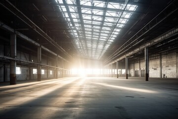 an empty warehouse with natural light shining through the roof. Generative AI - obrazy, fototapety, plakaty