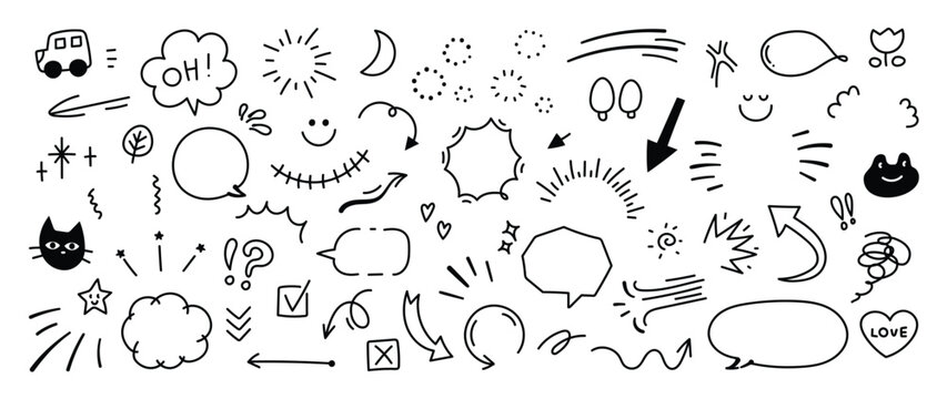 Set of cute pen line doodle element vector. Hand drawn doodle style collection of heart, arrows, scribble, speech bubble, star, frog, cat, words. Design for print, cartoon, card, decoration, sticker.