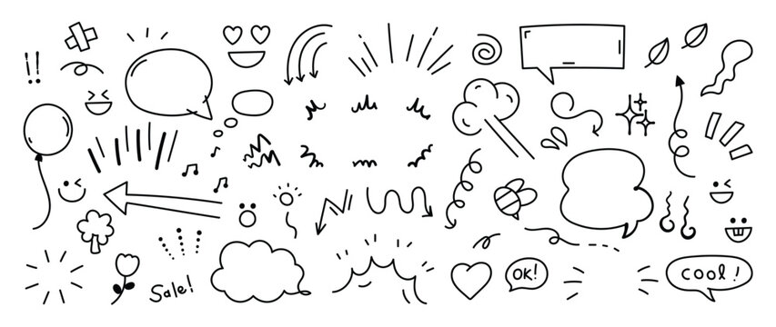 Set of cute pen line doodle element vector. Hand drawn doodle style collection of heart, arrows, scribble, speech bubble, star, balloon, words. Design for print, cartoon, card, decoration, sticker.