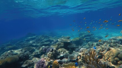 Naklejka na ściany i meble Photo of fish near the surface of the water near the rocky shore, near coral reef