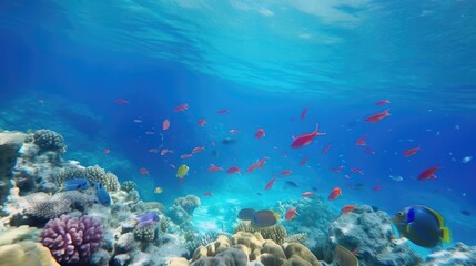 Naklejka na ściany i meble Photo of fish near the surface of the water near the rocky shore, near coral reef