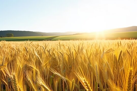 golden wheat field illuminated by the sun. Generative AI