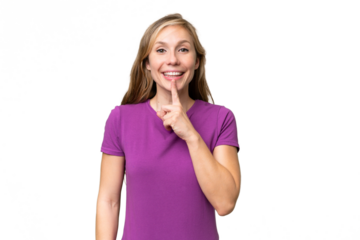 Young blonde woman over isolated background showing a sign of silence gesture putting finger in mouth