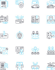 Professional workspace design linear icons set. Ergonomics, Collaboration, Efficiency, Comfort, Technology, Sustainability, Creativity line vector and concept signs. Aesthetics,Acoustics,Flexibility