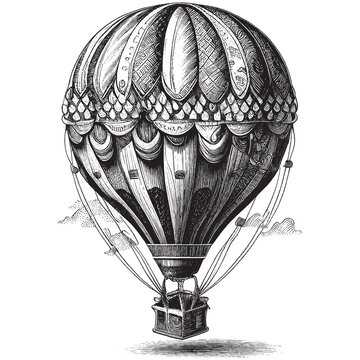 Hand Drawn Engraving Pen and Ink Hot Air Balloon Vintage Vector Illustration