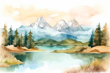 Stoff pro Meter generative ai illustration of beautiful landscape with mountains and lakes in watercolor, aquarelle look © epiximages