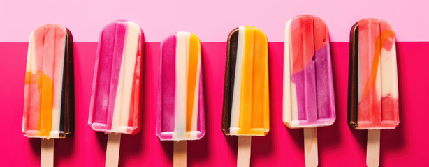 Colorful row of popsicles on pink background created with Generative AI.