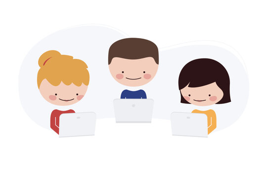 Mujeres y hombres de negocios trabajando juntos en equipo en una mesa redonda con computadoras port&aacute;tiles en la oficina de la empresa. Ilustraci&oacute;n vectorial. Grupo de amigos estudiando en universidad