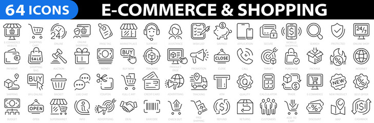 E-commerce & Shopping 64 icon set. E-commerce, online shopping, delivery, store, marketing, money, marketplace. Vector illustration.
