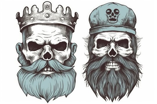 two skull figures wearing crowns and beards. Generative AI
