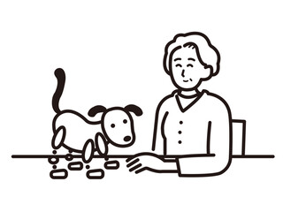 アニマルセラピーでロボットの犬が年配女性をケアするイラスト　線画のみ