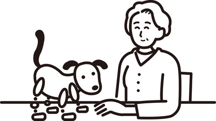 アニマルセラピーでロボットの犬が年配女性をケアするイラスト　線画のみ