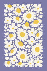 Abstract floral poster with daisy flowers in retro 70s style - vintage floral background in purple. Vector illustration.