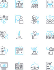 Desk jobs linear icons set. Computer, Keyboard, Sitting, Monitor, Office, Ph, Desk line vector and concept signs. Paperwork,Filing,Stapler outline illustrations