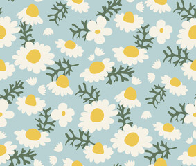 Aesthetic printable seamless pattern with retro cute daisies on blue background. Vintage 70s style florals. Vector illustration.