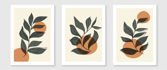 Fototapeta na wymiar Botanical wall art vector set. Water color boho foliage line art drawing with abstract shape. Abstract Plant Art design for print, cover, wallpaper, Minimal and natural wall art. 