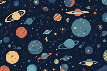 simple seamless planets and stars, simple field background, isometric, bright vector, themed pattern, seamless pattern with planets and stars, seamless pattern with planets, Generative AI 